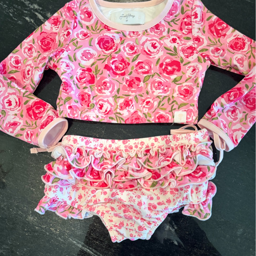 Sweet Honey Micah Swim Covered in Roses Rash Guard set.
